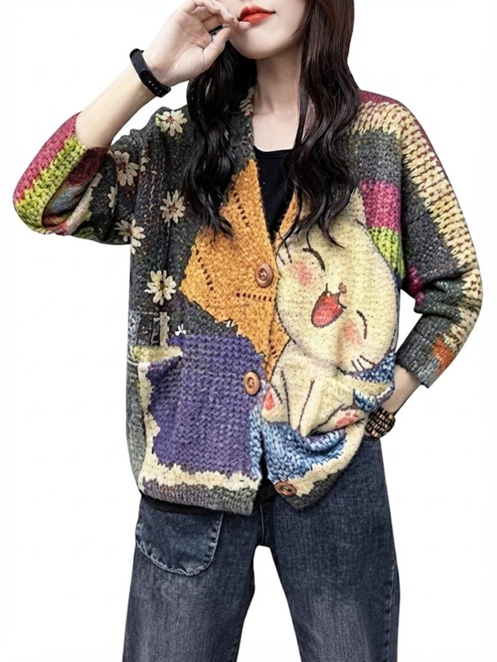 Oversized Cat Print Cardigan Large Boho Cottagecore Harajuku Grandmorecore